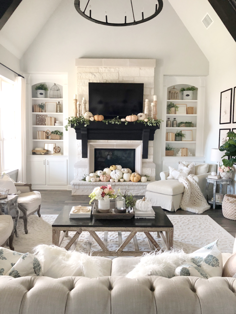 living room pumpkin decor fall home tour - My Texas House